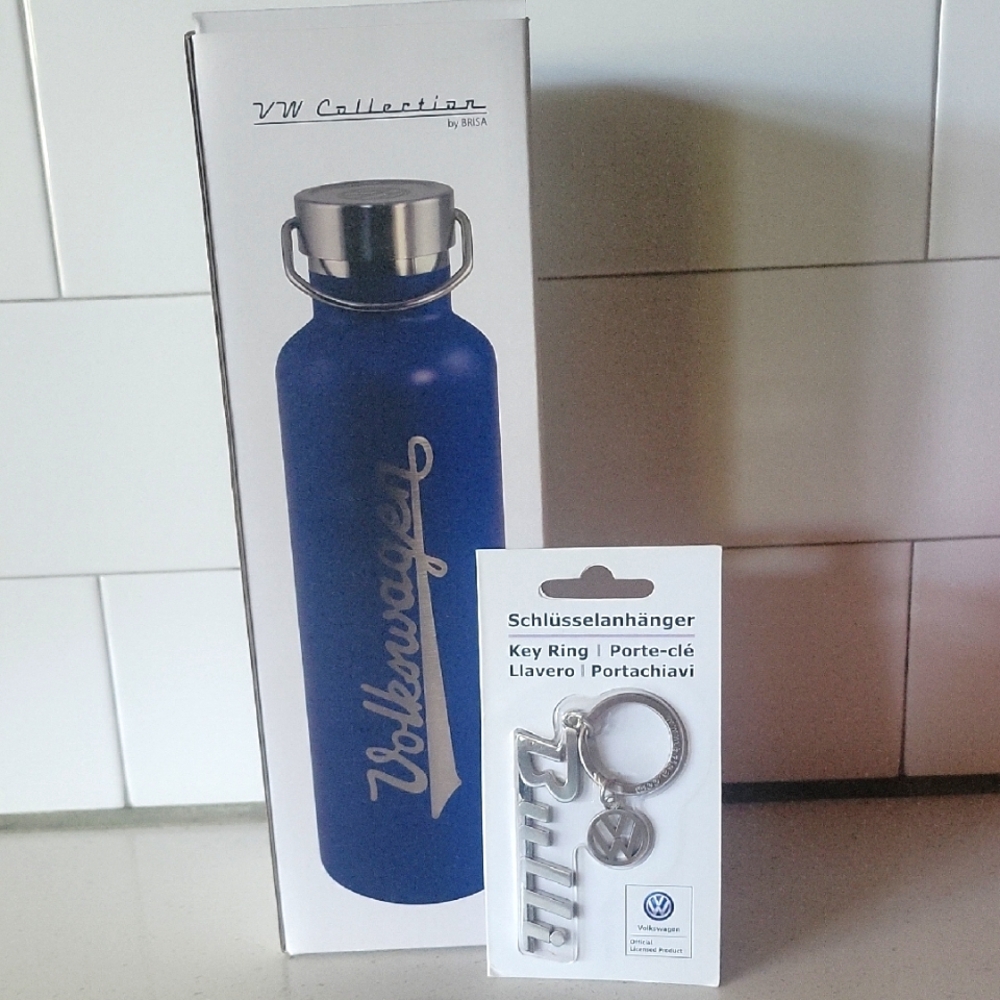 Volkswagen Blue Stainless Steel Water Bottle and VW Key Ring Set Imported Auth